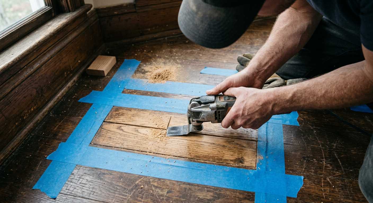 A House Spouse handyman performs a precise flooring repair on a hardwood floor in a Queen Anne home.