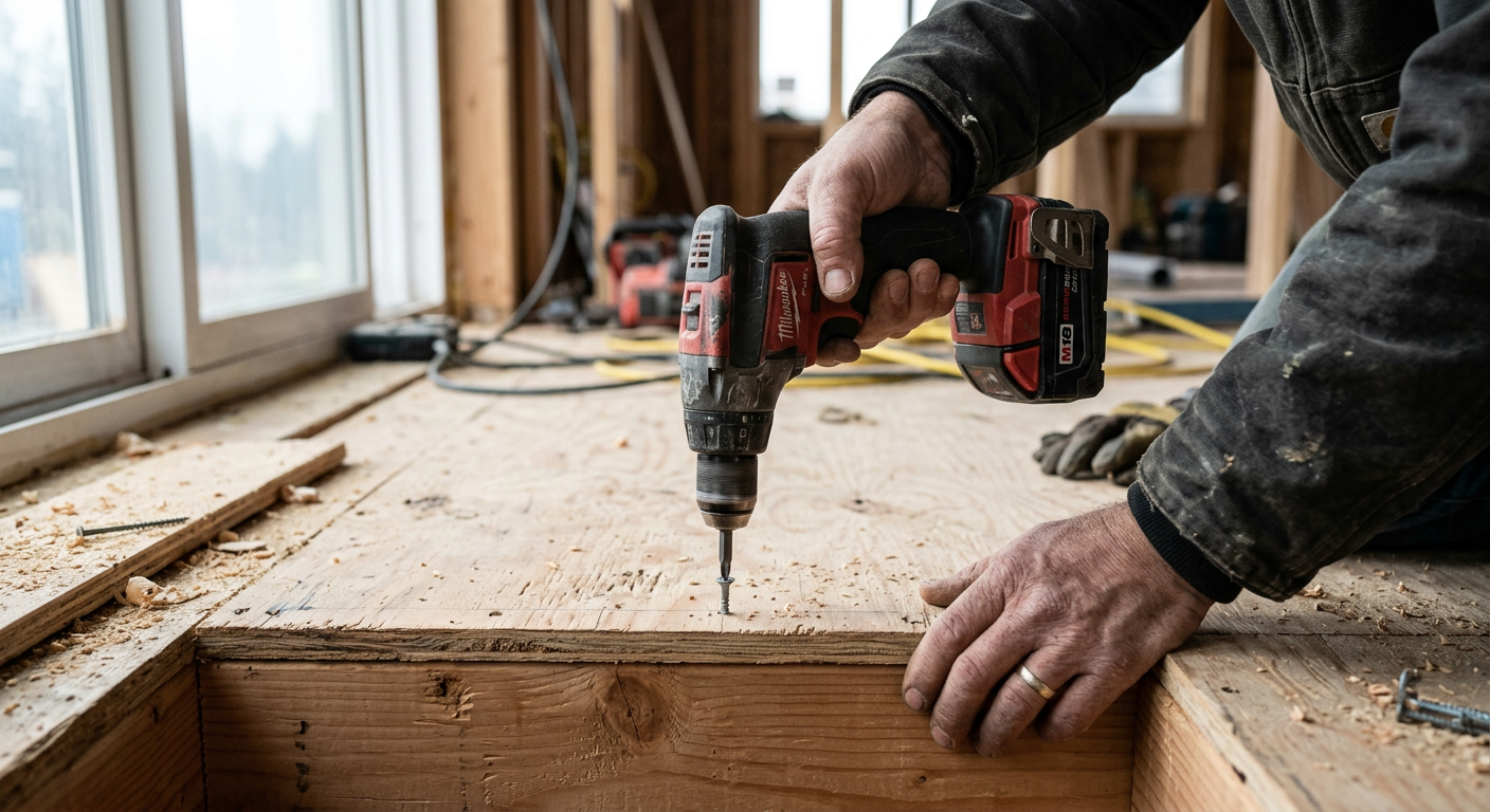 A close-up of a flooring repair in a Queen Anne home, with a carpenter securing the subfloor.