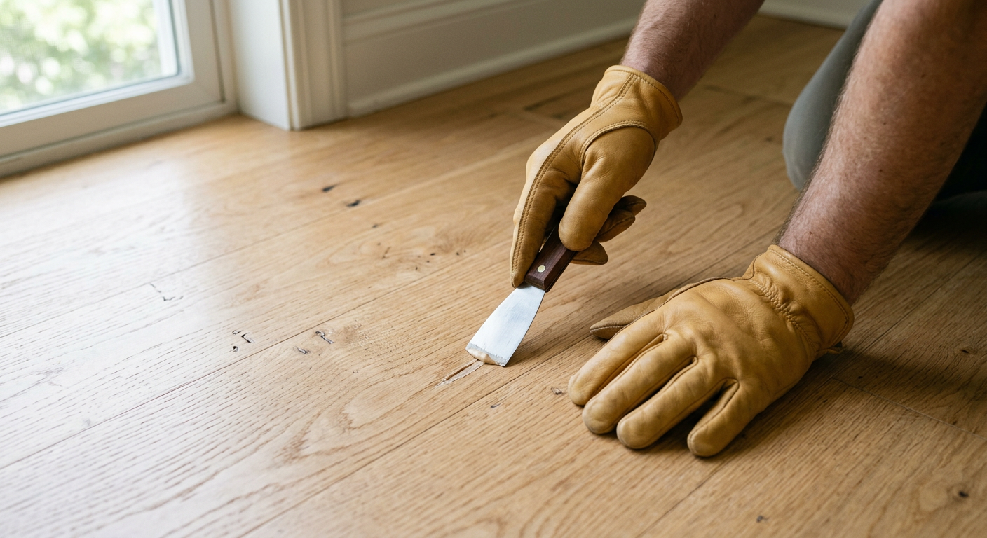 Applying wood filler to repair a scratch on a hardwood floor in a Queen Anne home.