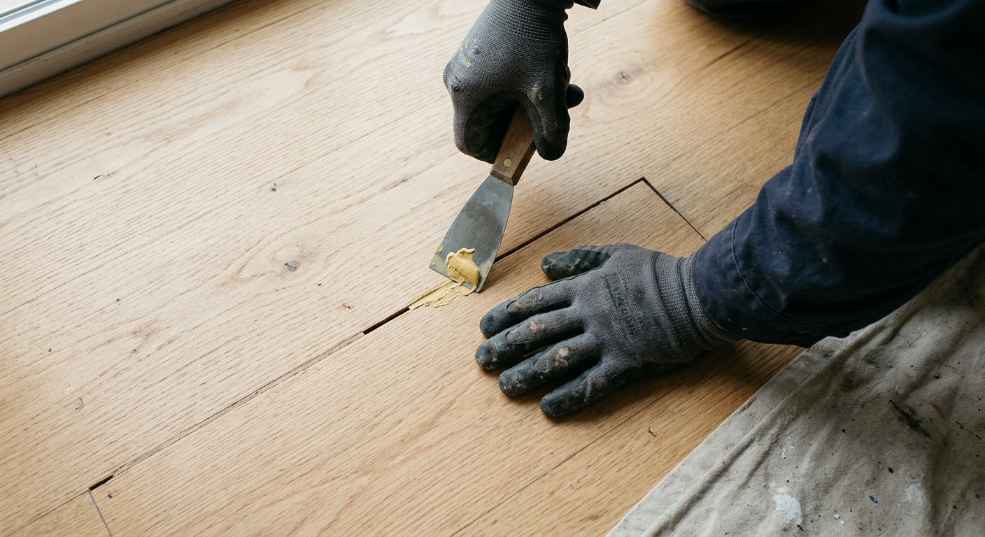 Applying wood filler to repair a gap in a hardwood floor in a Queen Anne home.