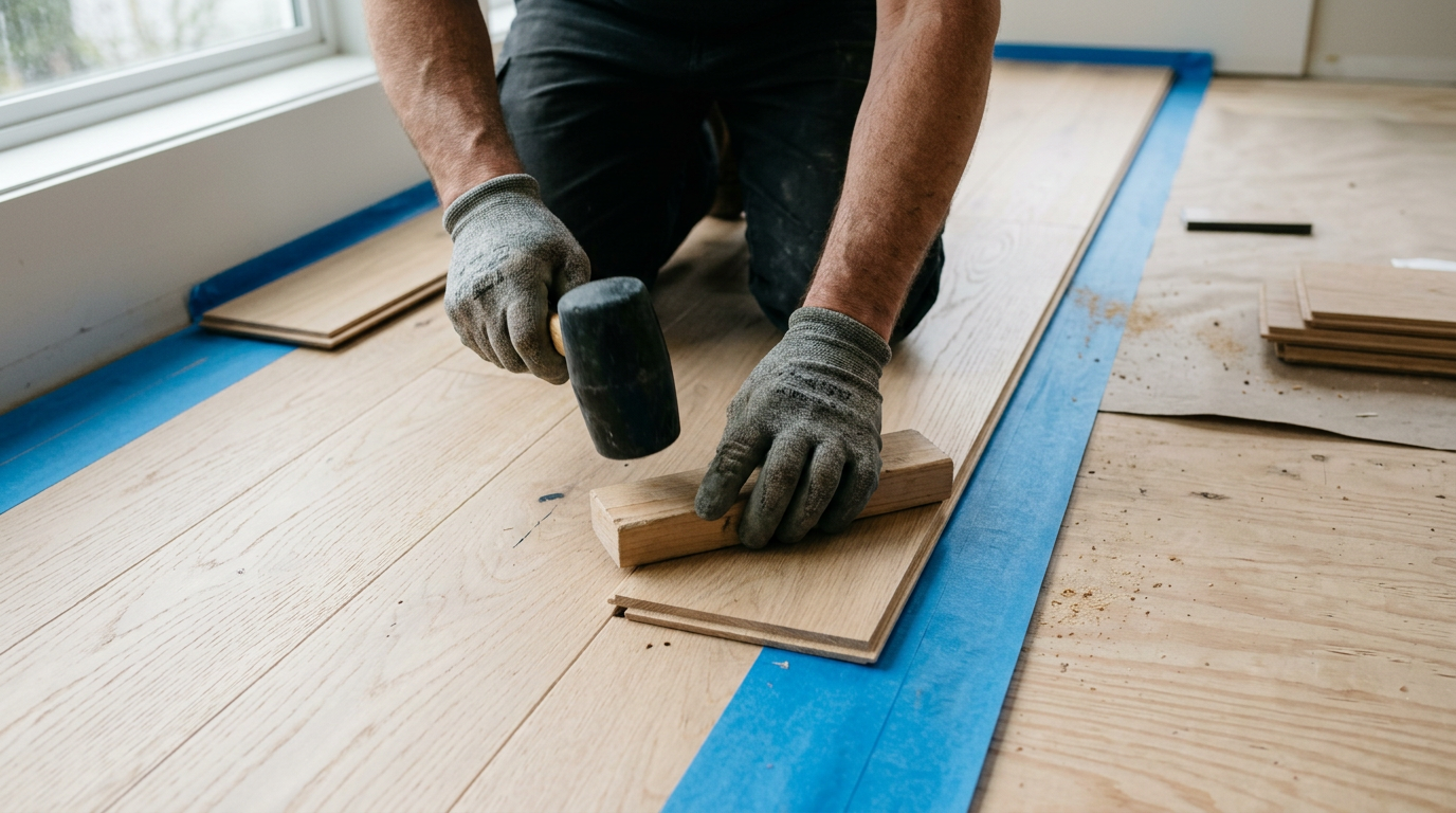Close-up of a flooring repair in a Sammamish home, with new hardwood being fitted into place.