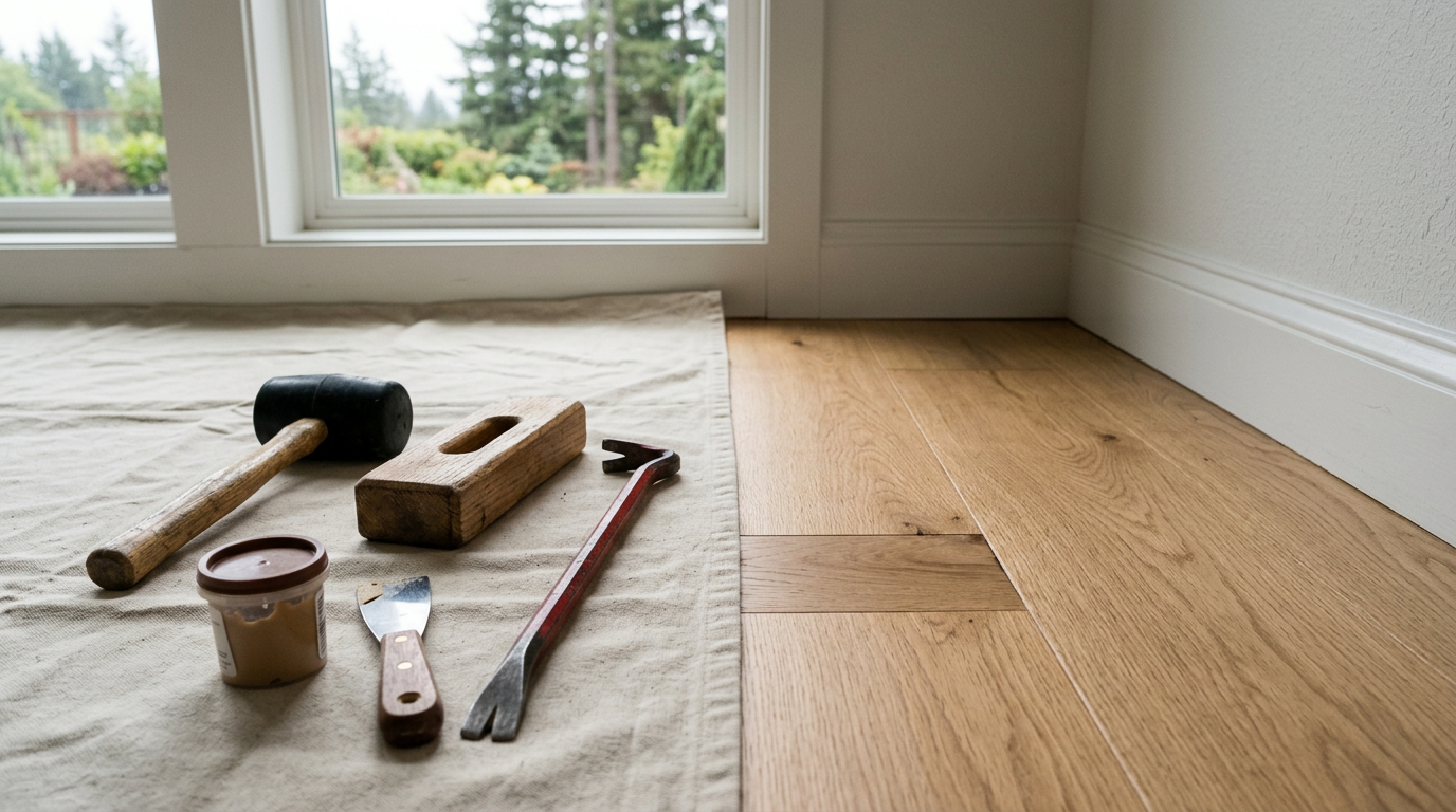 Flooring repair tools laid out on a drop cloth in a Sammamish, WA home, ready for a handyman to fix squeaks and gaps.