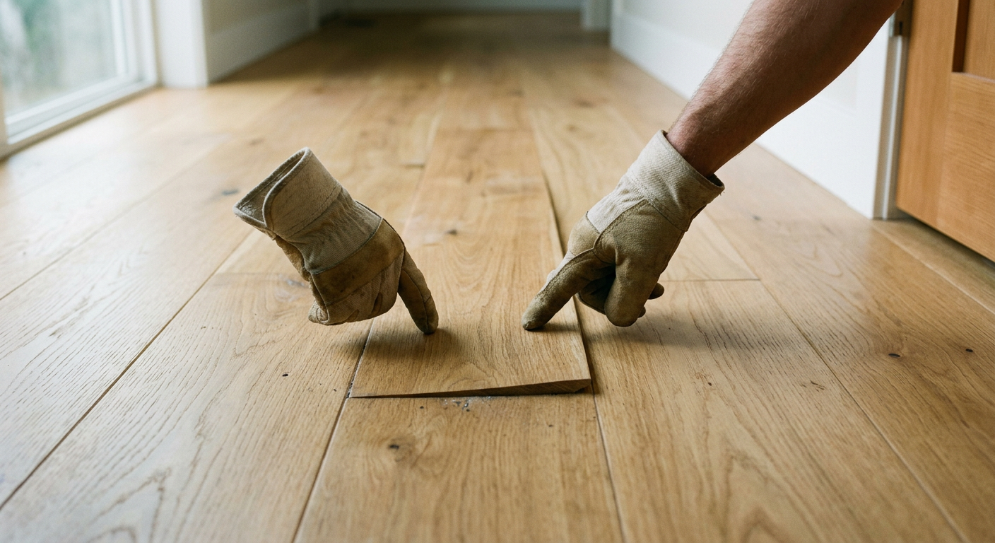 A close-up of a cupped hardwood floorboard needing repair in a Sammamish, WA home.