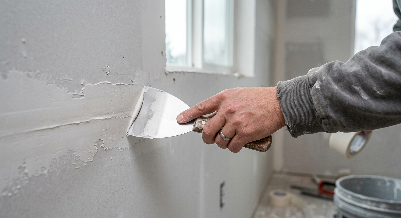 A professional applies joint compound during a drywall repair project in a Greenwood home.