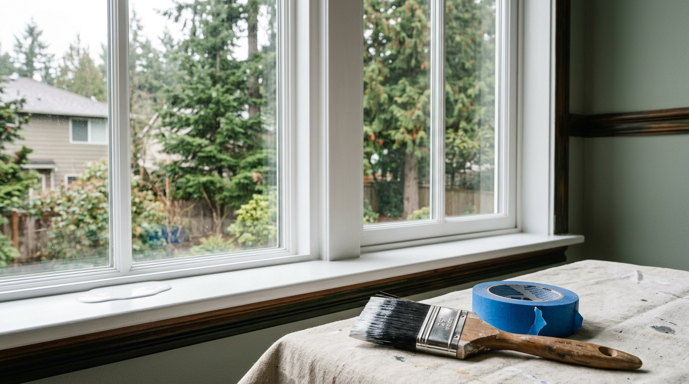 Freshly painted white interior trim on a window in a Greenwood home after a professional paint job.