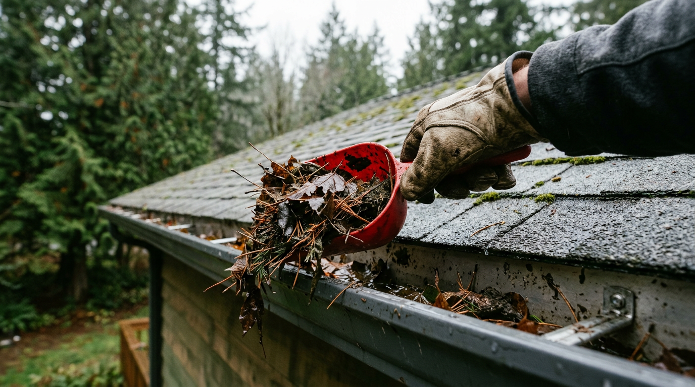 A House Spouse technician performing seasonal home maintenance by cleaning fir needles from a gutter on a home in Greenwood, WA.