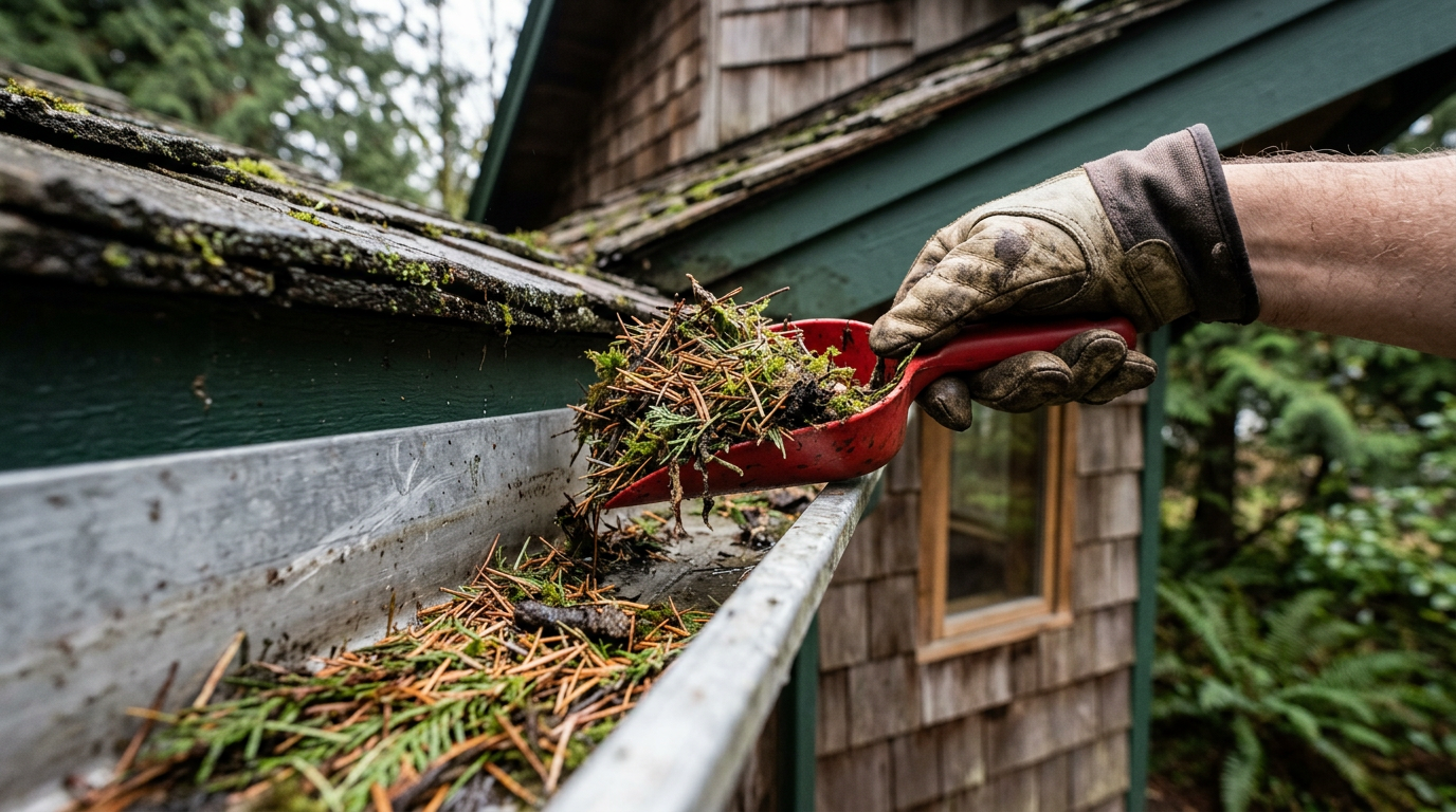 Gloved hand performing gutter cleaning and repair on a Greenwood, WA home.