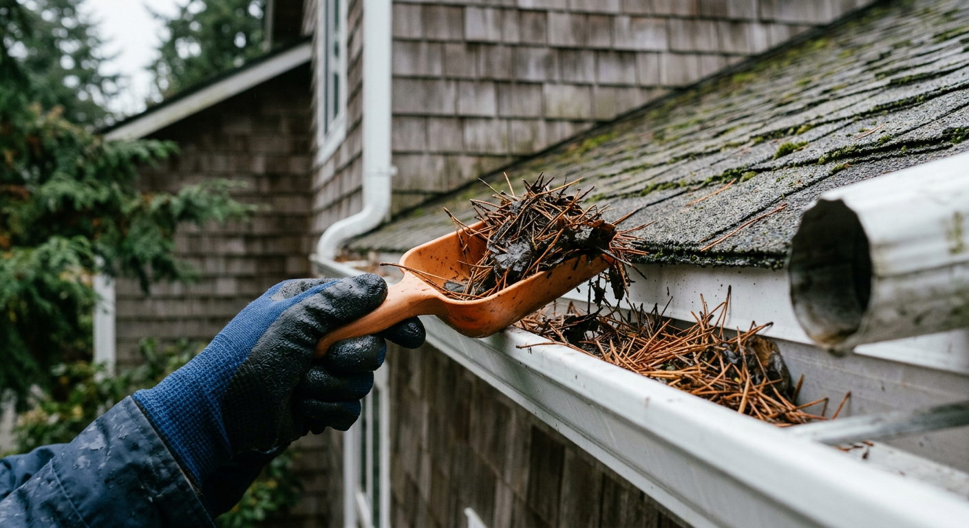 Gloved hands using a plastic scoop to clean Douglas fir needles from gutters on a Lynnwood home