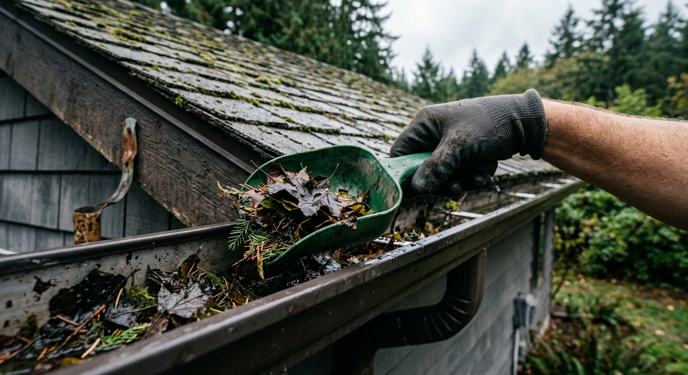 A House Spouse technician performing professional gutter cleaning on a home in Mercer Island, WA.