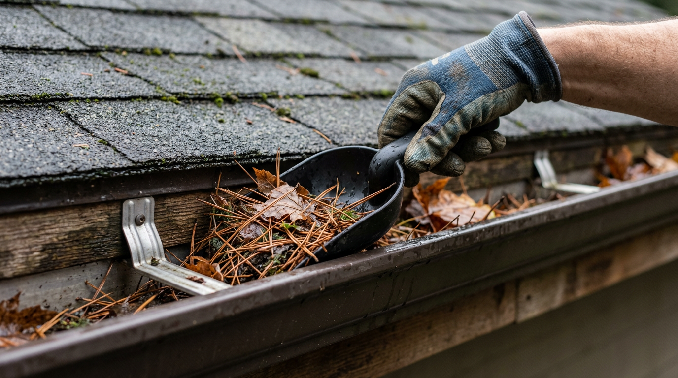 A gloved hand using a scoop for gutter cleaning and repair on a home in Redmond, WA.