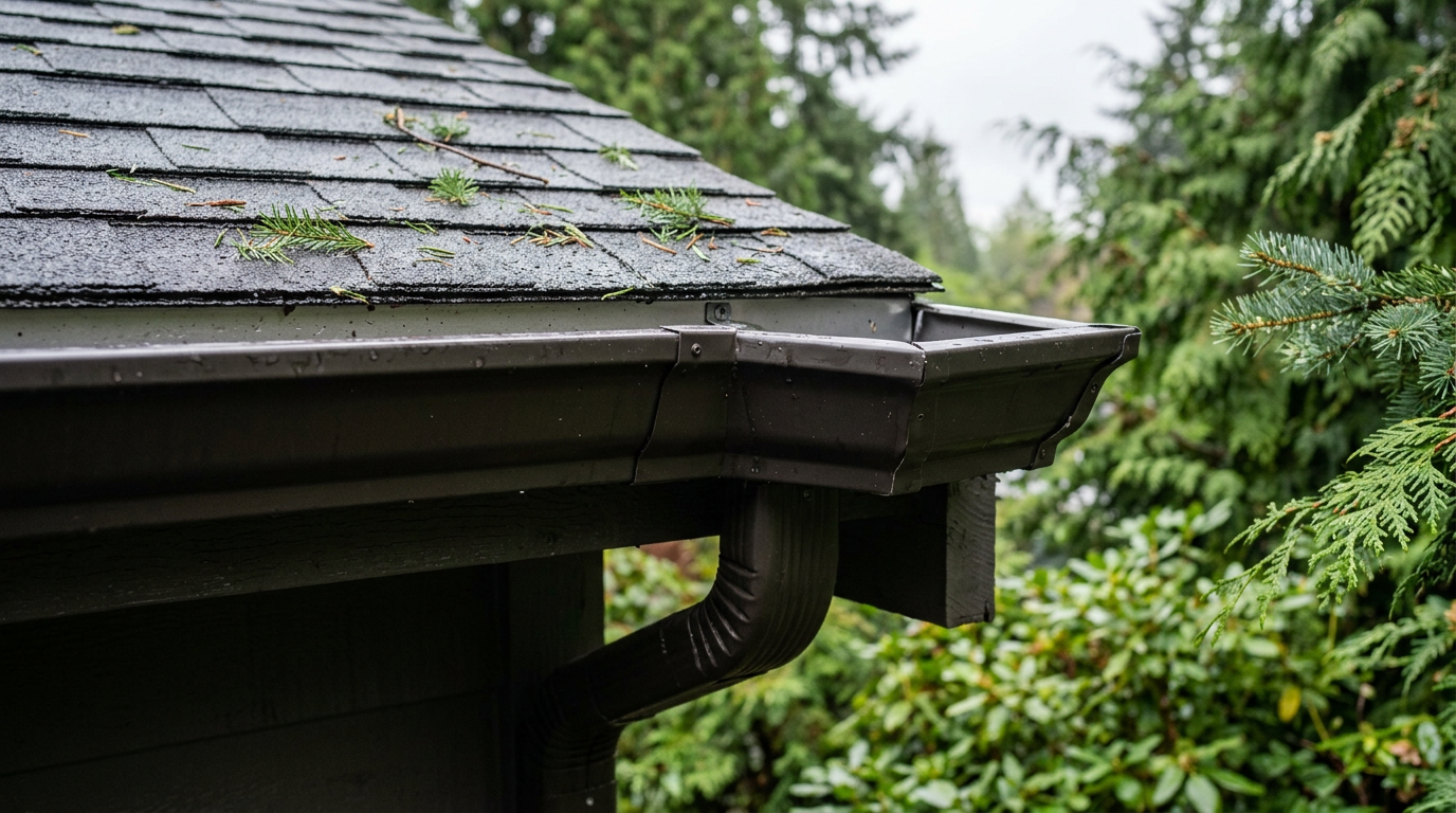 Clean, professionally repaired gutter on a home in Shoreline, WA, ready for fall rain.