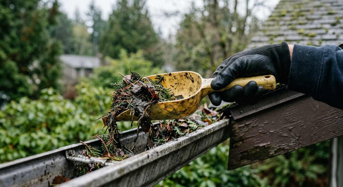 A close-up of a worker's gloved hand cleaning fir needles from a gutter in Shoreline, WA.