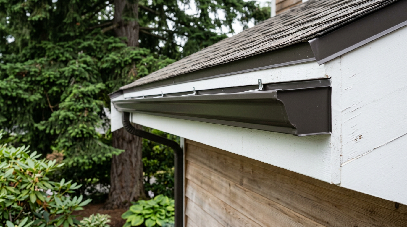 A clean, newly repaired gutter system on a home in Clyde Hill, WA.
