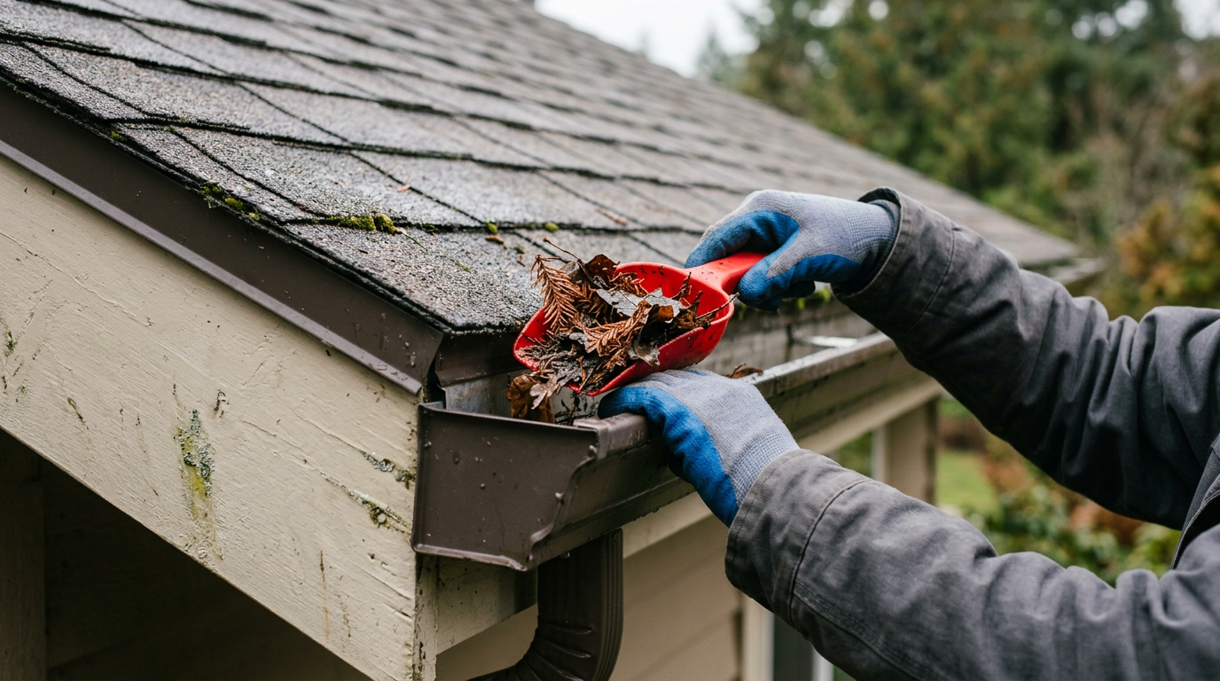 Close-up of a professional cleaning pine needles from the gutters of a home in Clyde Hill, WA.