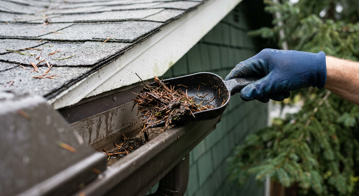 A hand clearing debris from the gutters of a home in Clyde Hill, WA.