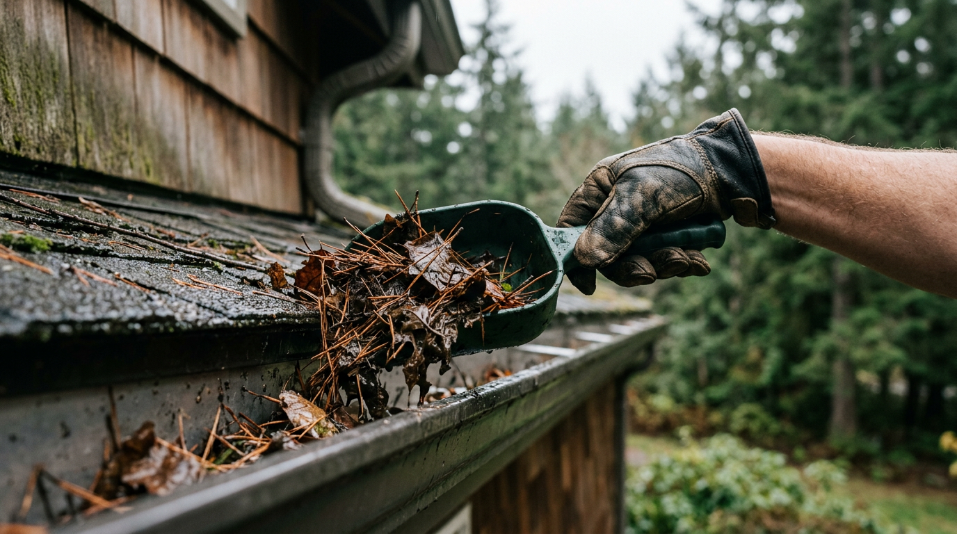 A House Spouse handyman performing professional gutter cleaning on a home in Clyde Hill, WA.