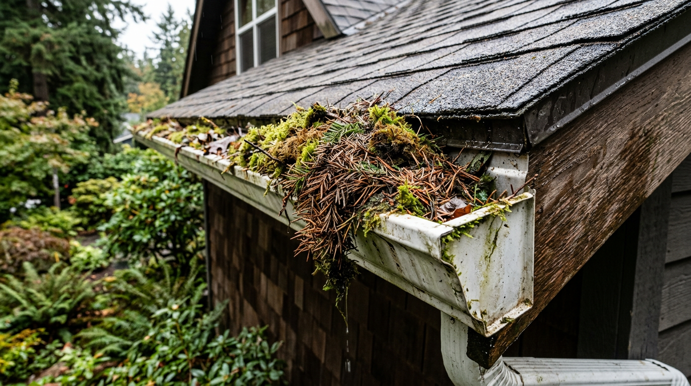 Close-up of a clogged gutter full of fir needles and moss on a home in Clyde Hill, WA.