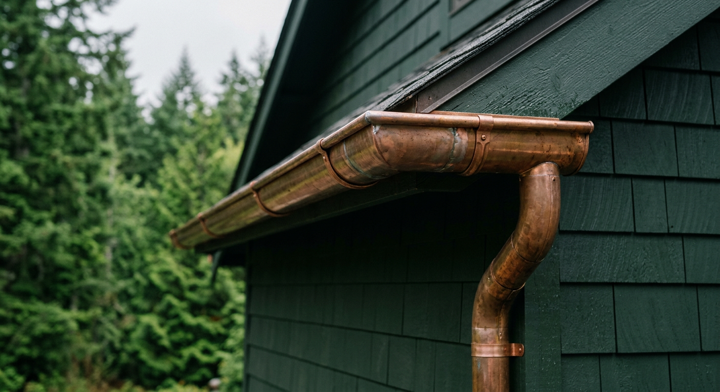 A close-up of a clean copper gutter system on a home in Mercer Island, WA, ready for fall rain.