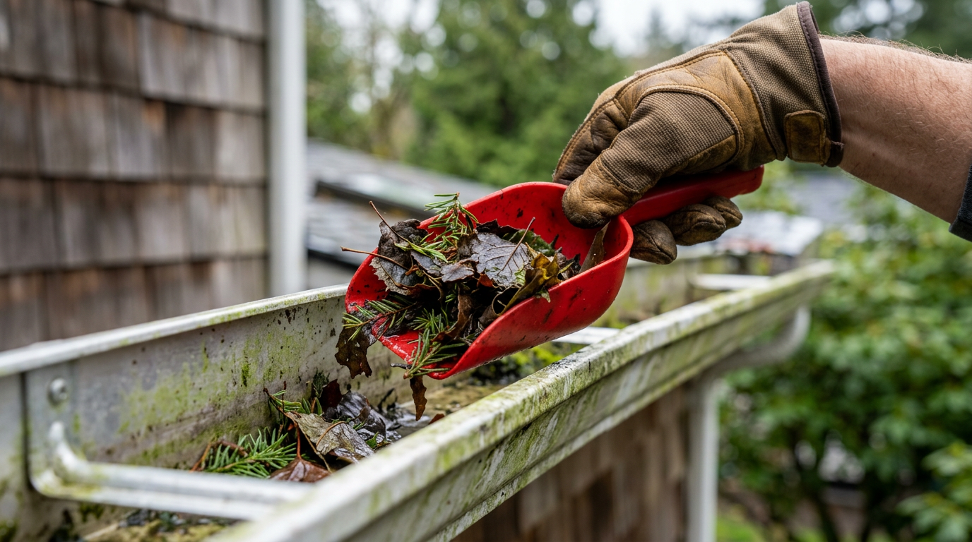 A professional clearing damp fir needles from a house gutter in Shoreline, WA during fall maintenance.