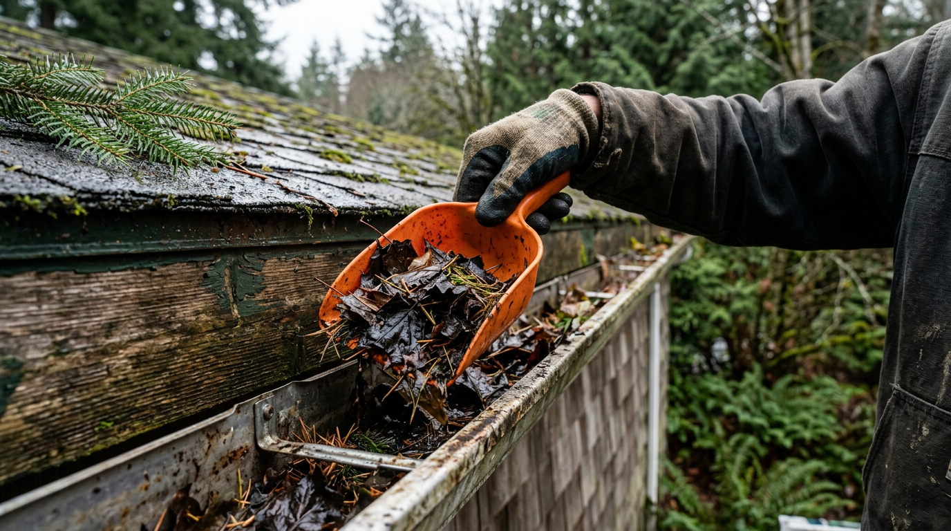 A professional cleaning wet leaves and debris from a gutter on a home in Greenwood, WA.