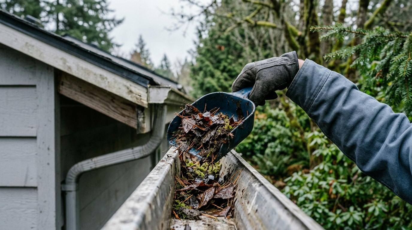 A hand scooping wet leaves and pine needles from a gutter during a gutter cleaning service in Greenwood, WA.