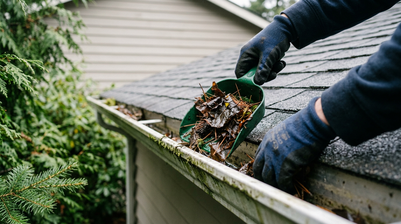 Gloved hands using a scoop to perform gutter cleaning and repair on a Greenwood, WA home.