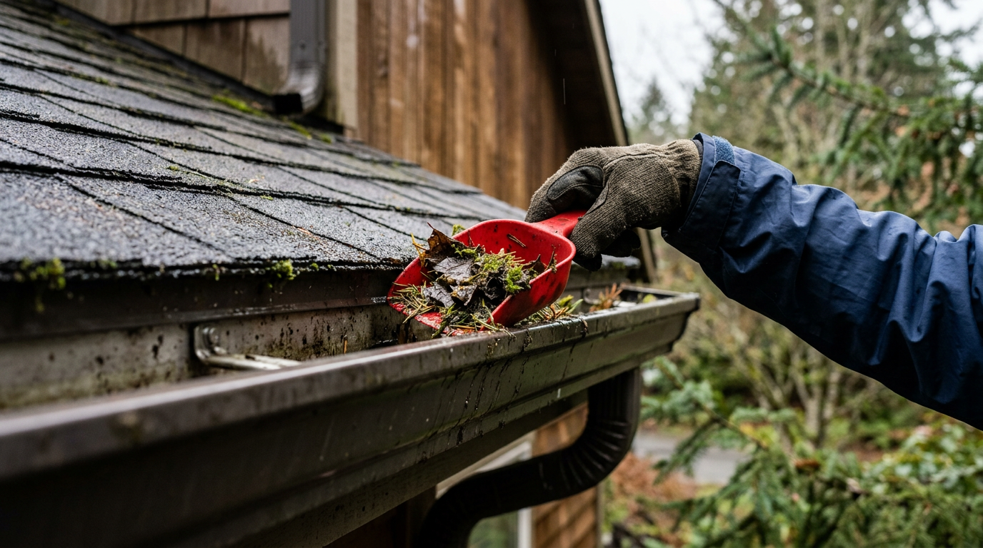 A professional cleaning wet leaves from the gutters of a home in Greenwood, WA during fall.