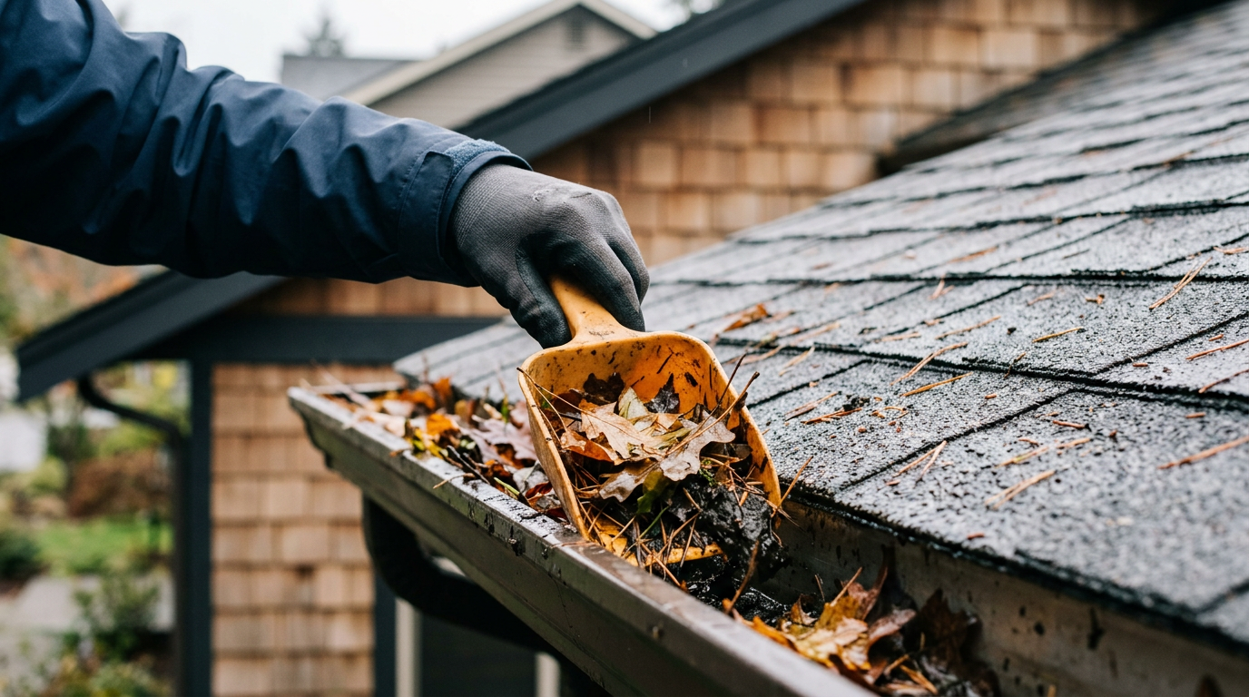 Gloved hand using a scoop to perform gutter cleaning on a home in Lynnwood, WA.