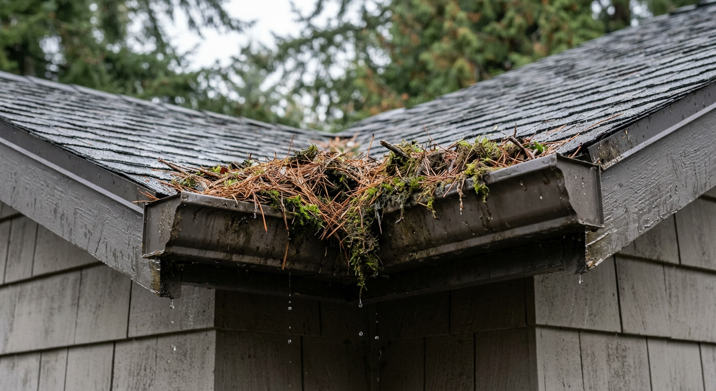 Overflowing gutter full of pine needles on a Lynnwood home needing cleaning and repair.