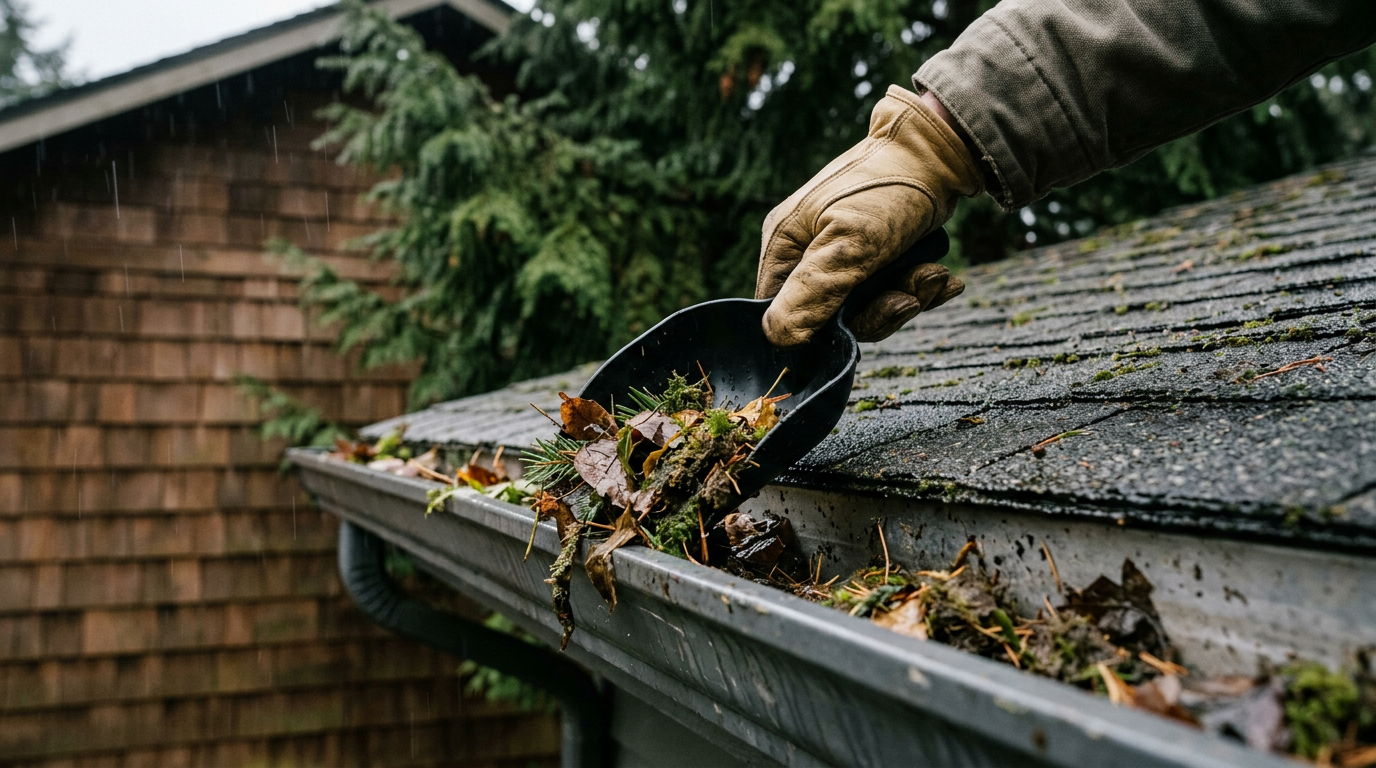 Close-up of a gloved hand performing gutter cleaning and repair on a house in Lynnwood, WA.