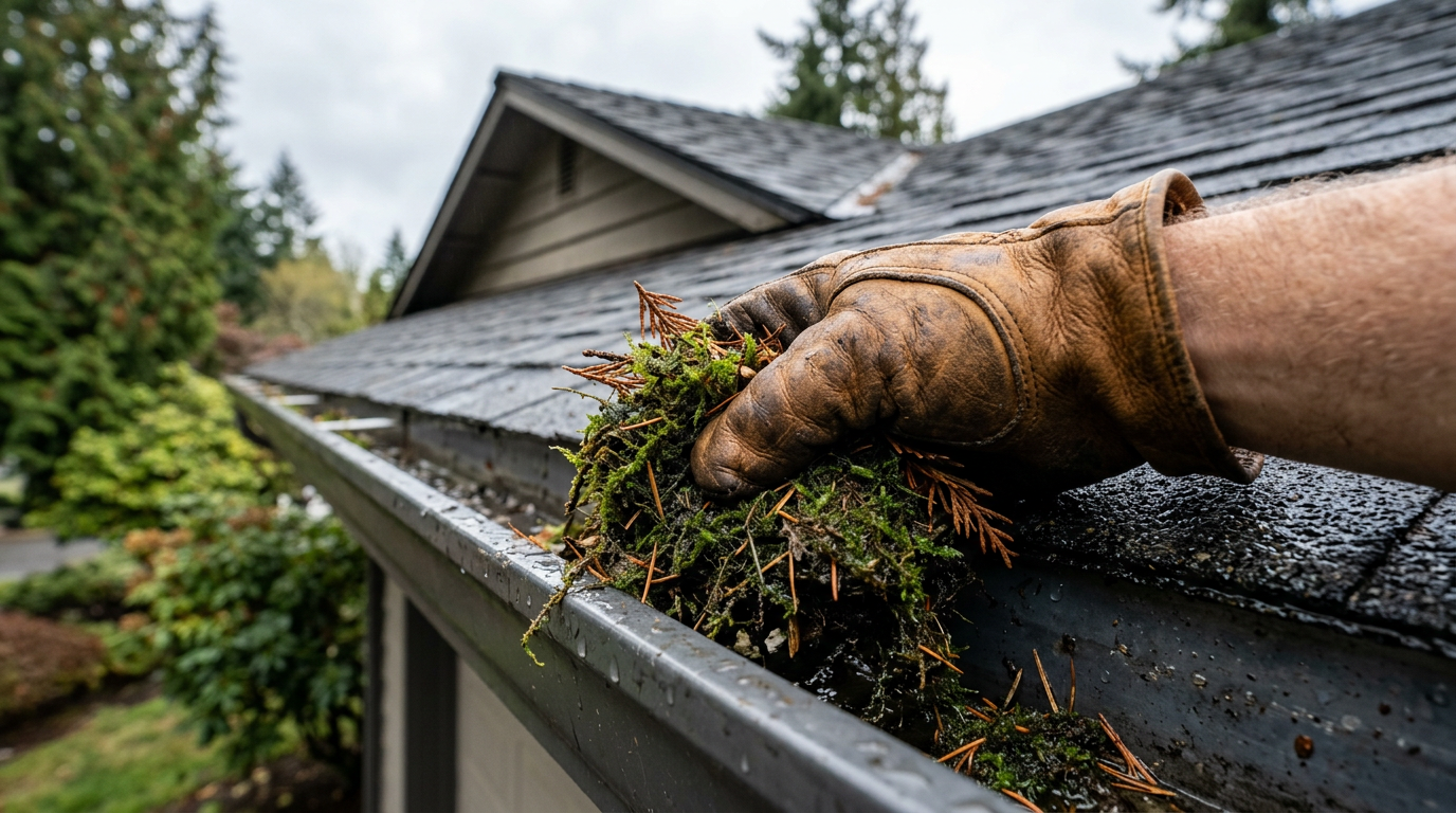 Hand in glove cleaning moss and fir needles from a gutter on a home in Mercer Island, WA.