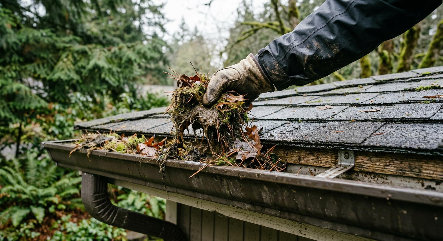 Hand cleaning out wet leaves from a home's gutter in Mercer Island, WA.