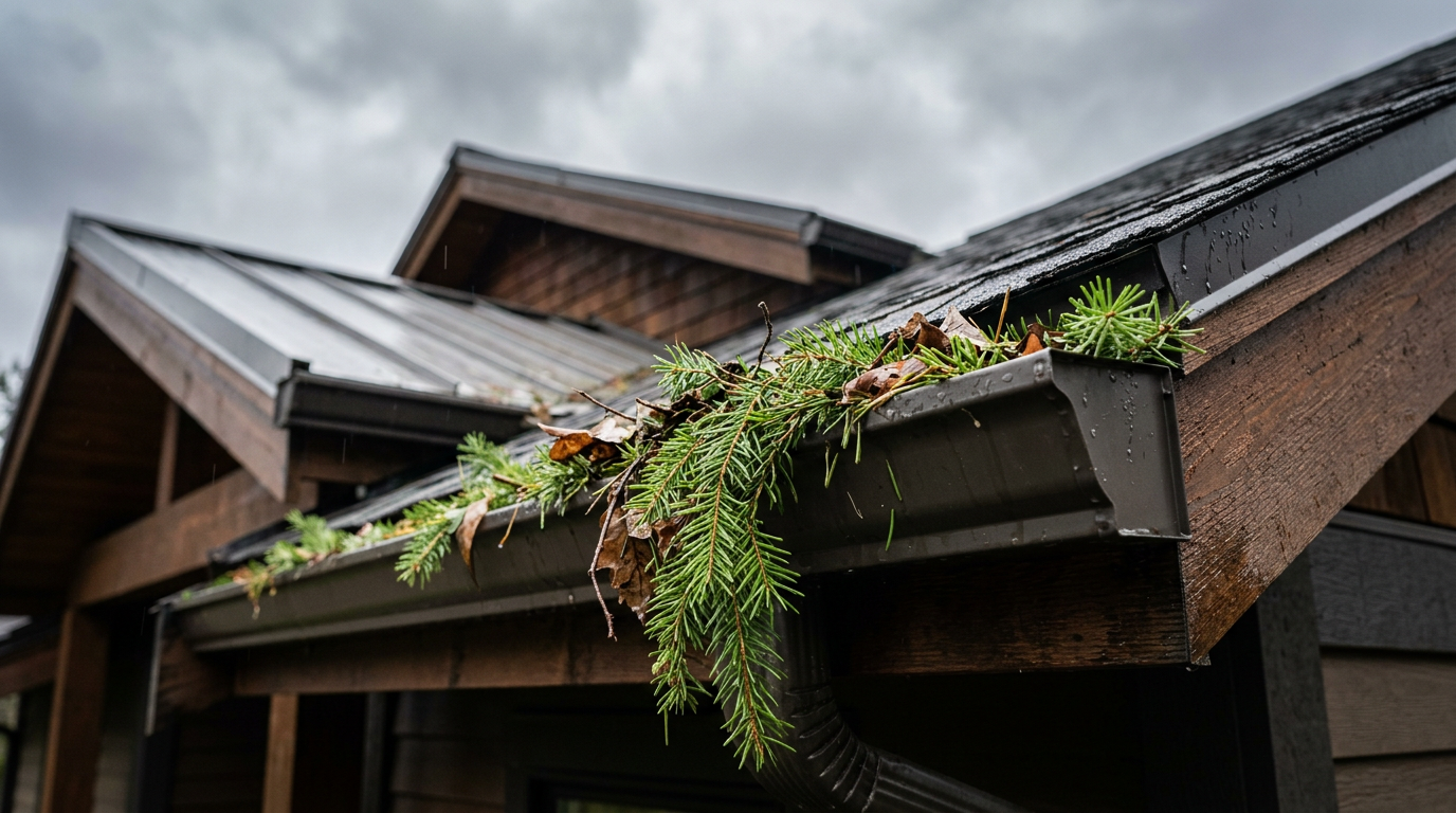 Clogged gutter full of fir needles on a Mercer Island home, a sign that professional gutter cleaning is needed.