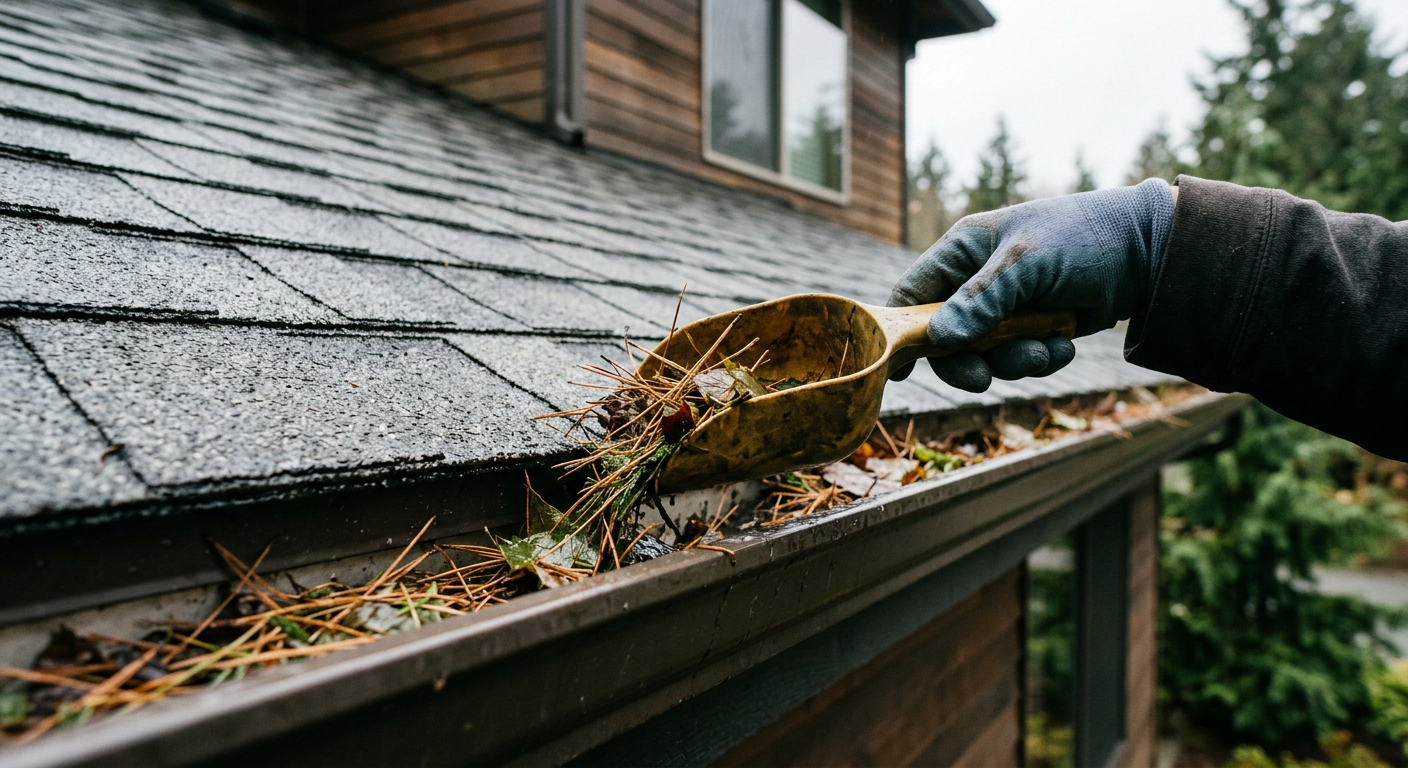 A hand in a work glove using a scoop to perform gutter cleaning and repair on a house in Mukilteo, WA.