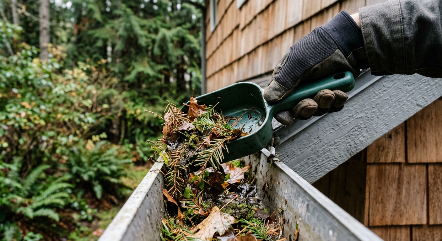 A professional scooping wet fir needles and leaves during a gutter cleaning service in Redmond, WA.