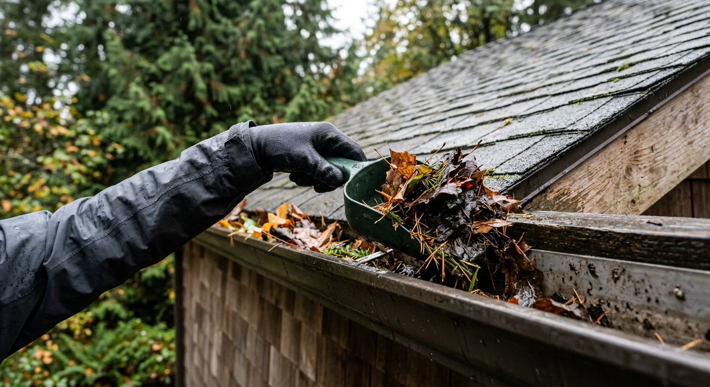 Gloved hand cleaning wet fir needles from a gutter on a home in Redmond, WA.