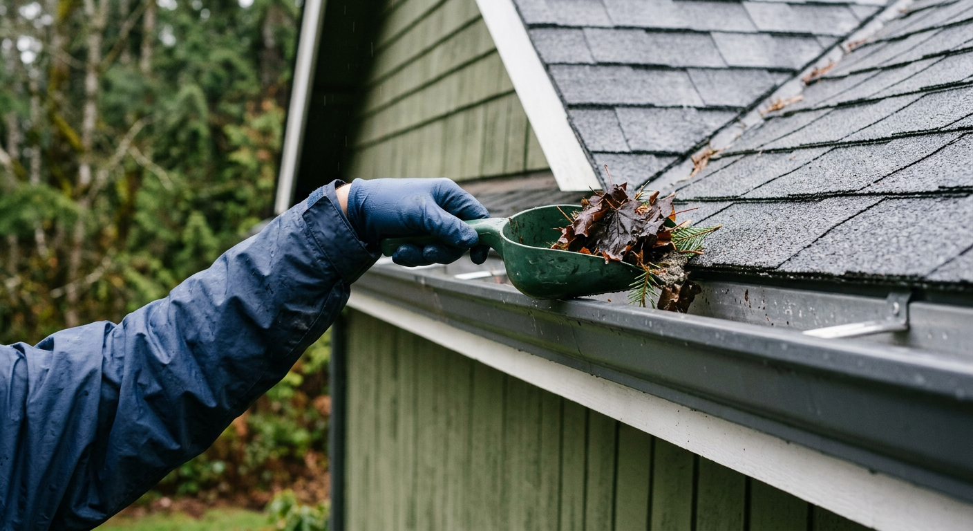 A professional cleaning wet fall leaves from the gutters of a home in Redmond, WA.
