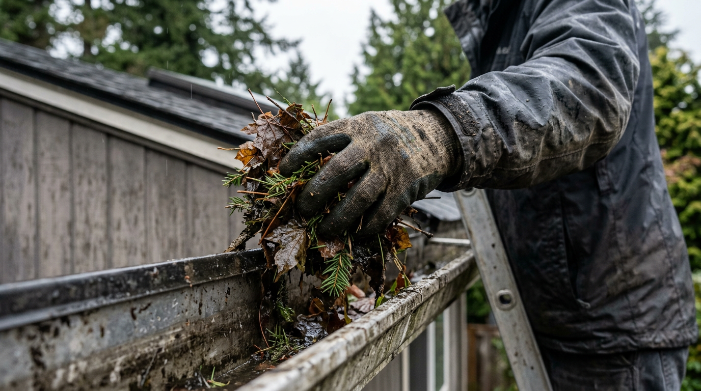 A hand in a work glove performing gutter cleaning on a home in Shoreline, WA.