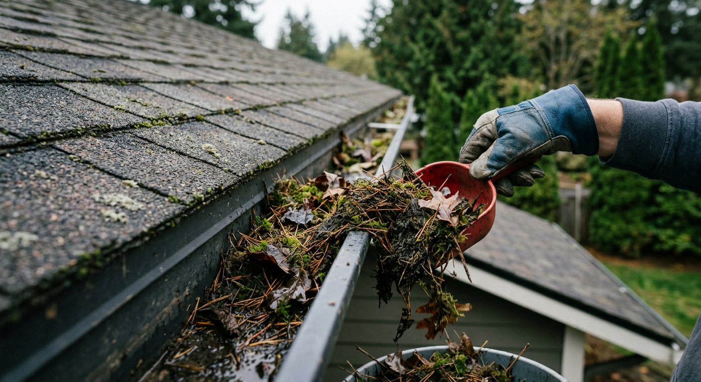 A handyman's gloved hand using a scoop to clear pine needles and debris from a gutter on a Shoreline, WA home.