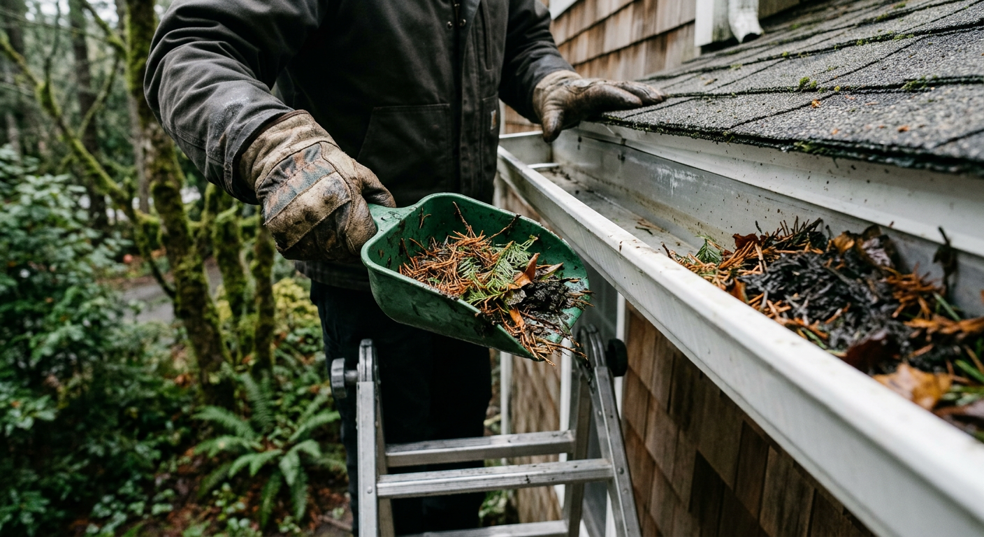 Clearing fir needles from a gutter during a gutter cleaning and repair service in Yarrow Point, WA.