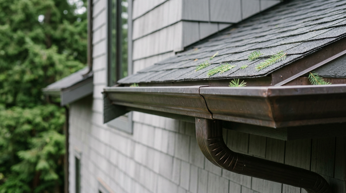 Clean bronze gutter and downspout on a luxury home in Yarrow Point, WA after a professional cleaning.