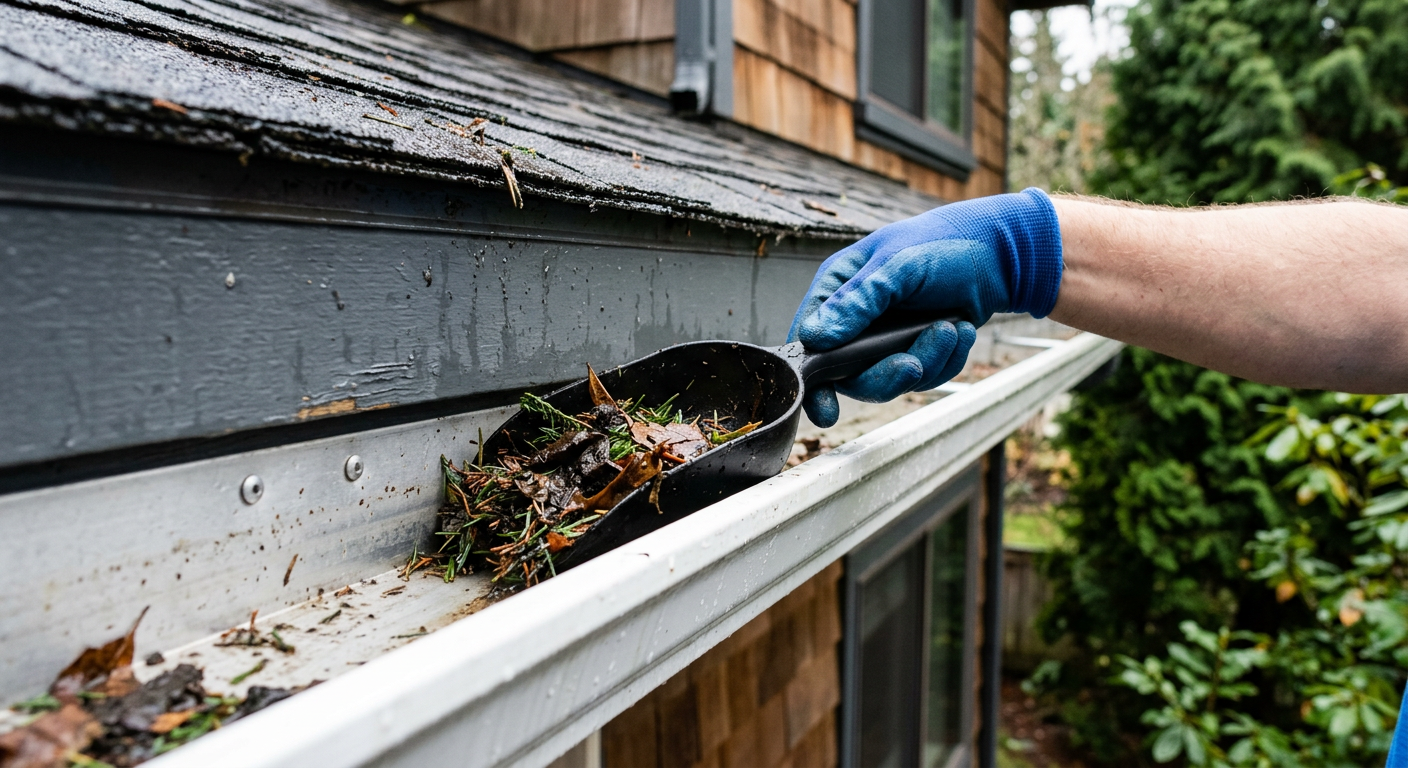 Gloved hand using a scoop for professional gutter cleaning on a home in Yarrow Point, WA.