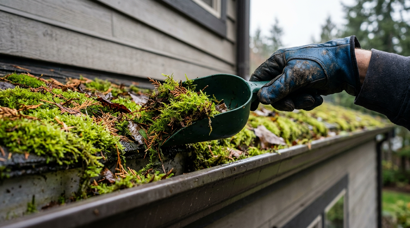 Close-up of a gloved hand using a scoop for gutter cleaning and repair on a home in Yarrow Point, WA.