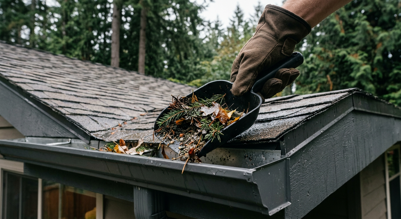 A professional clearing wet fir needles from a gutter on a home in Yarrow Point, WA.