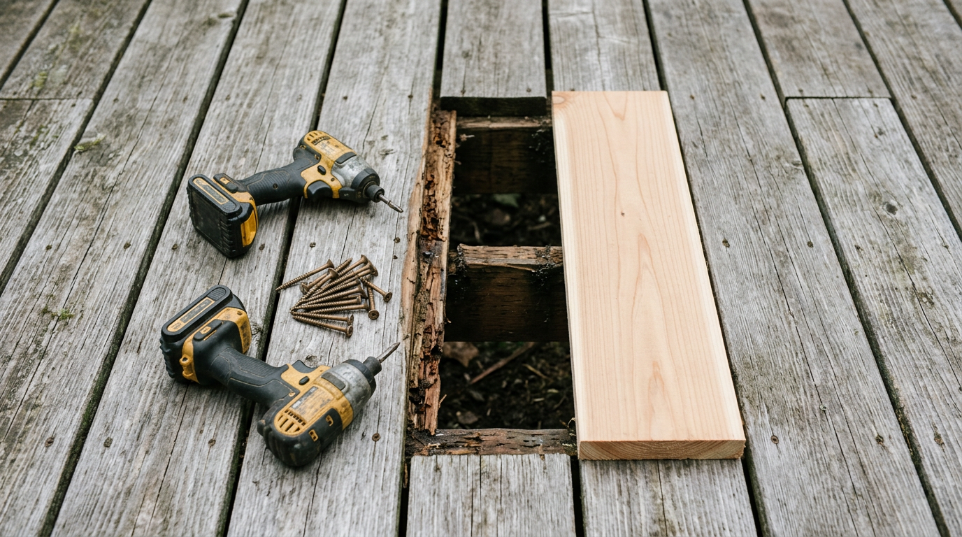 Replacing a rotted cedar deck board as part of fall handyman services in Bothell, WA.