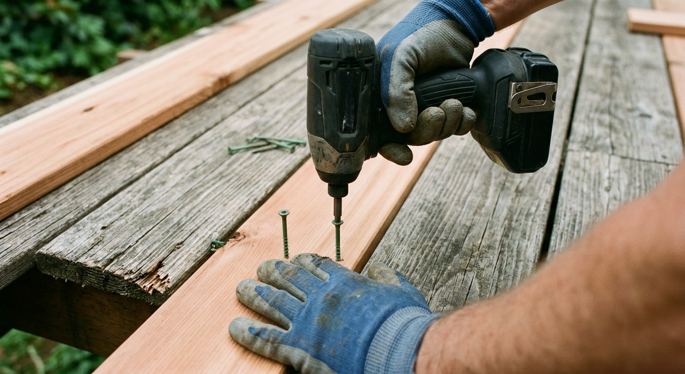 A handyman installs a new deck board with an impact driver on a home in Bothell, WA.
