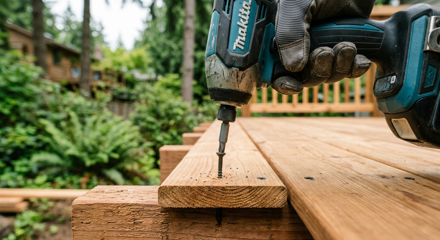 A House Spouse handyman carefully installs a new deck board on a home in Issaquah, WA.