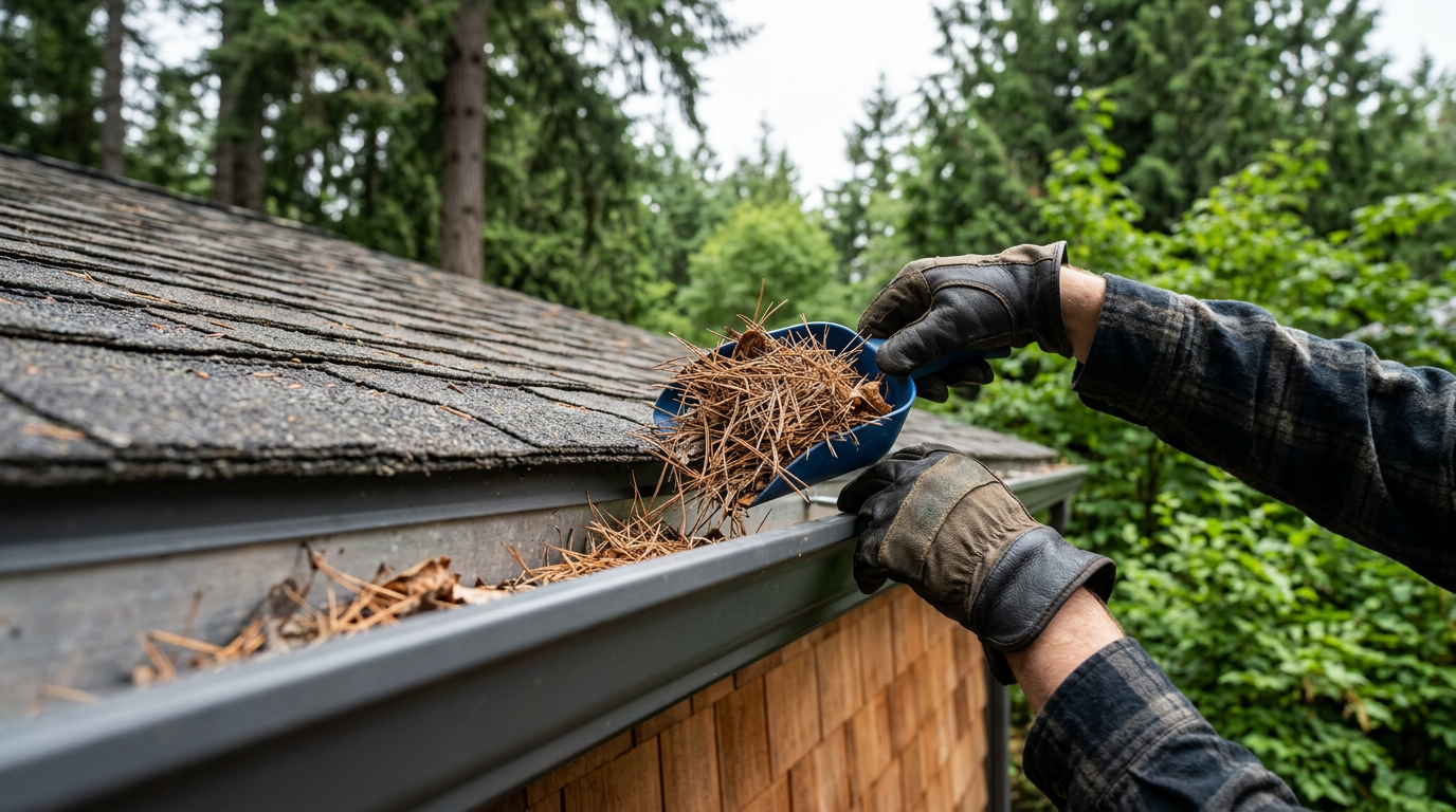 A handyman cleaning fir needles from the gutters of a home in Lake Forest Park, WA, during a late-summer maintenance visit.