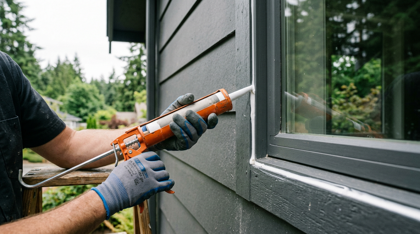 Applying a new bead of caulk to a window frame during summer handyman services in Woodinville, WA.
