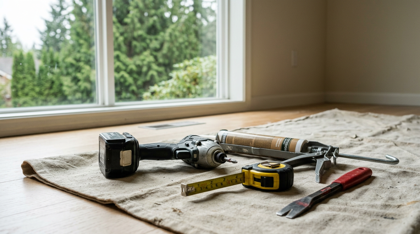 Handyman tools for fall home maintenance laid out on a drop cloth in an Issaquah, WA home.